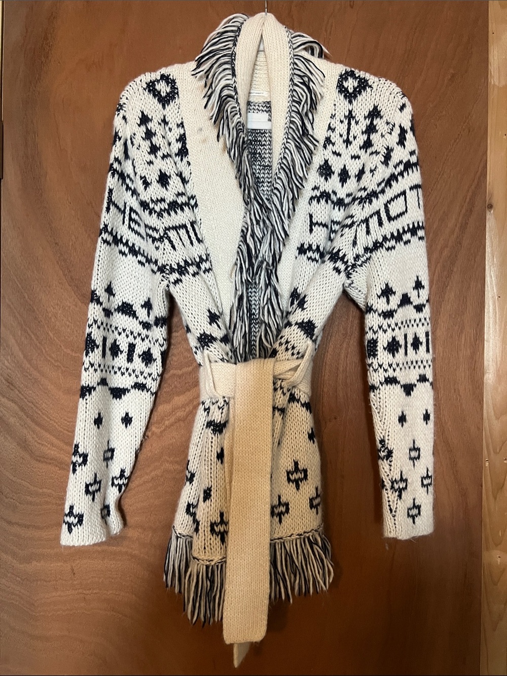 MOTHER Cream & Navy Fringe Shawl-Collar Belted Alpaca/Wool Cardigan
